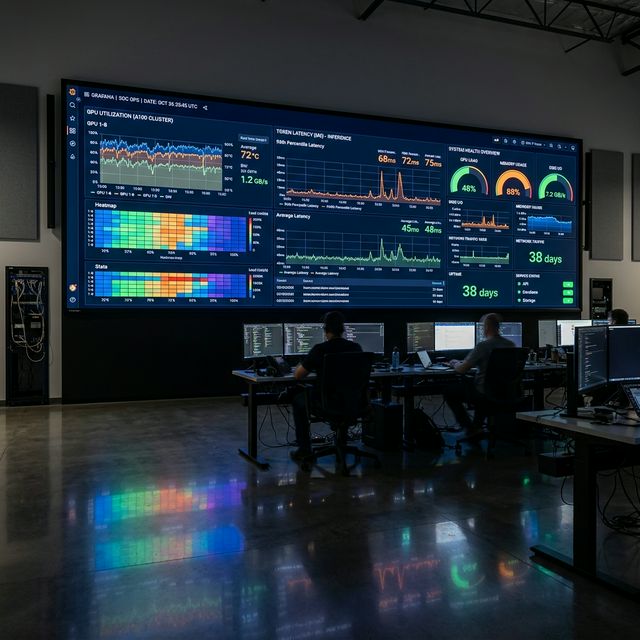 Grafana dashboard showing GPU utilization, TTFT distribution, and queue depth