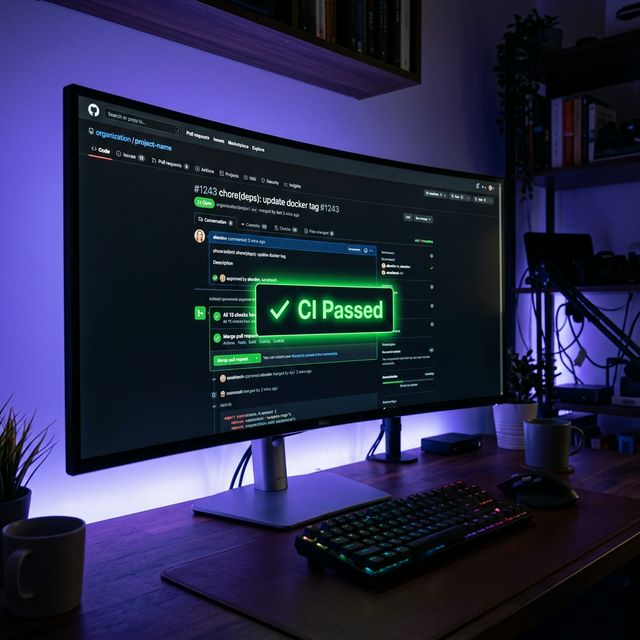 Renovate PR showing digest update with changelog diff and CI status checks