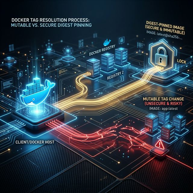 Visualizing the Docker image tag resolution chain and digest mismatch scenario