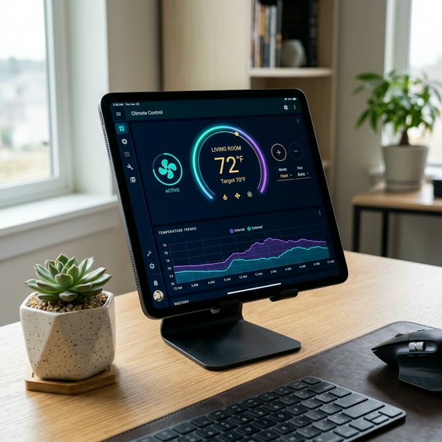 Home Assistant automation dashboard with climate control on tablet